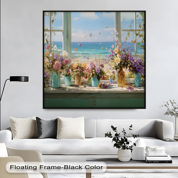 Seaside Bloom – Coastal View with Flowers and Butterflies Canvas Print