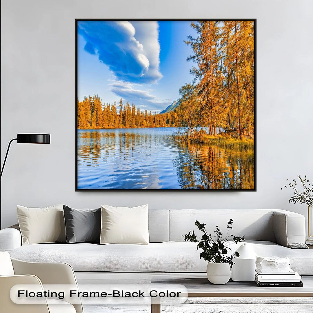 Golden Pines Reflected – Autumn Lakeside Canvas Print