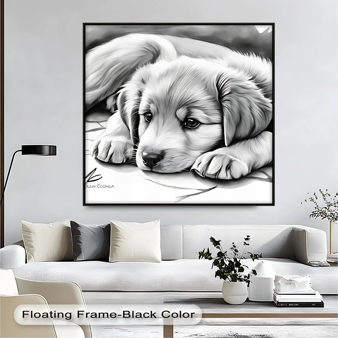 Gentle Gaze – Sad-Eyed Puppy in Black & White Canvas Print - MyPhotoStation