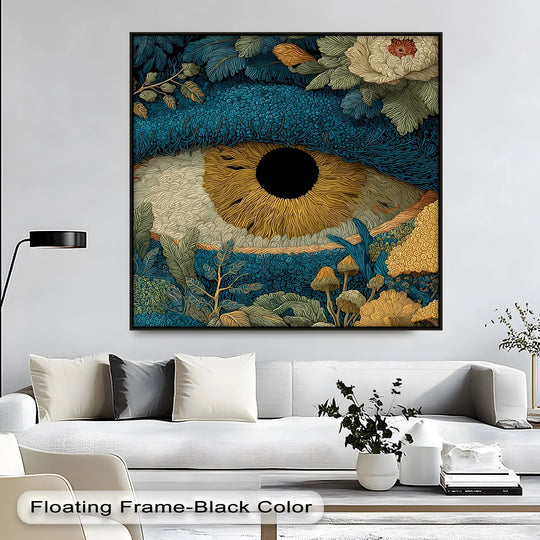 Intriguing mood conveyed by the botanical eye illustration, a surreal forest scene captured as a unique canvas print for an eclectic aesthetic.