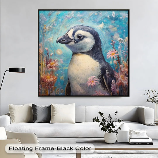 Revealing depth and layers, the Blossom Companion canvas painting features a charming penguin amidst a dreamy floral scene, creating a captivating canvas print.