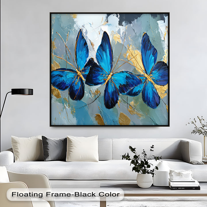 Trio of Radiance – Bold Blue Butterfly Canvas Print