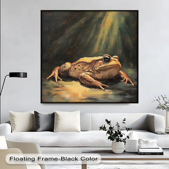 Foreground detail shows a dramatic frog under spotlight in best canvas prints, rendering an enlightened watcher of a classical-style canvas print.
