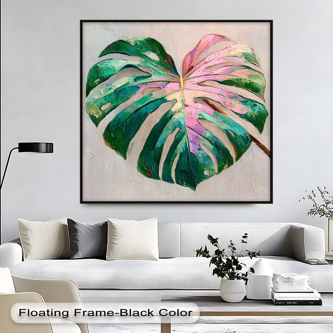 Exhibiting high material quality, this pink Monstera leaf canvas print showcases detailed, textured brushstrokes in its botanical canvas wall decor, accentuating its modern, tropical design.