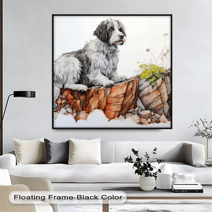 Cliffside Watch – Shaggy Dog on Rocky Ledge Pencil Art Canvas Print - MyPhotoStation
