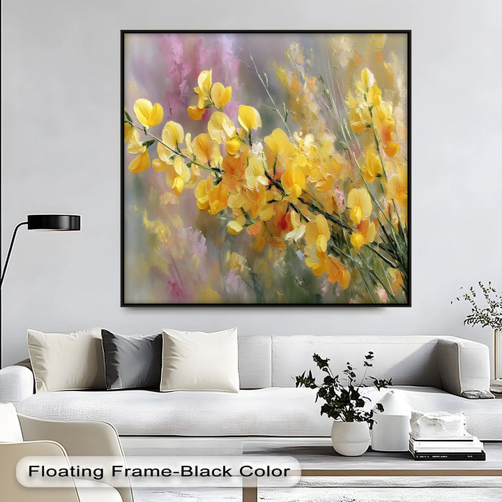 Lively golden blossom canvas print with impressionist brushwork

