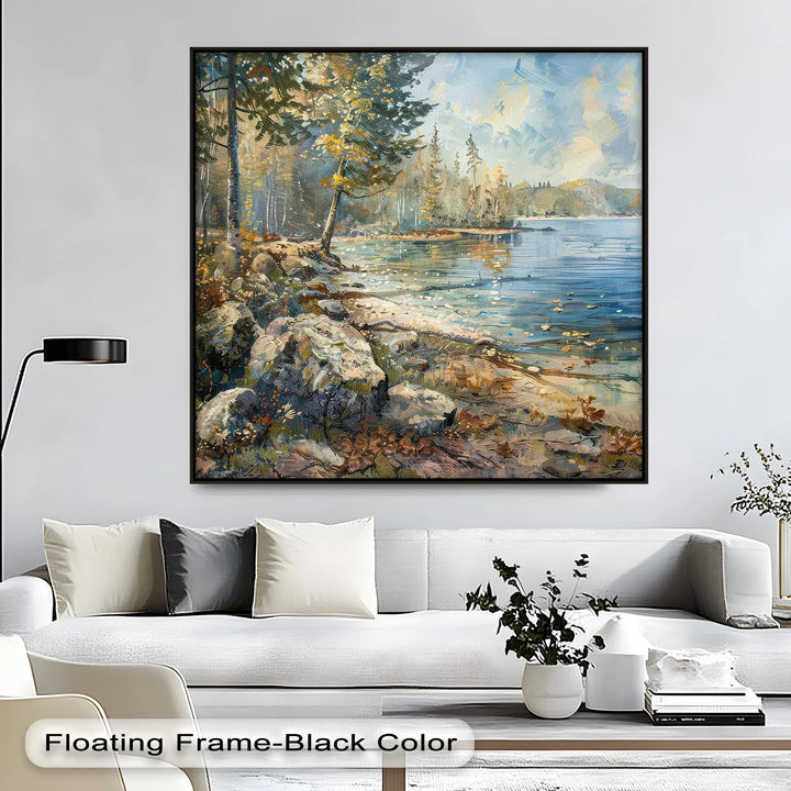 Whispers by the Lake – Tranquil Forest Shoreline Landscape Canvas Print