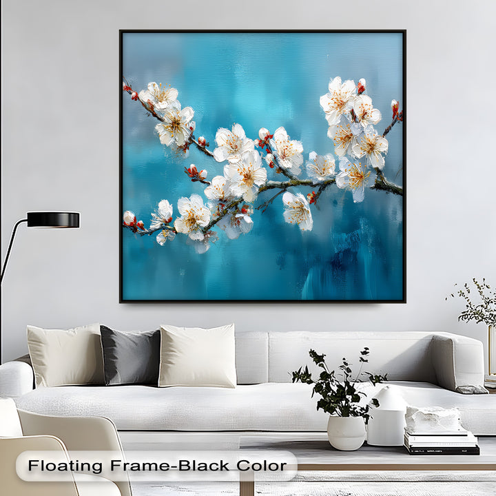 Blossom Serenity – White Cherry Blooms on Blue Canvas Print