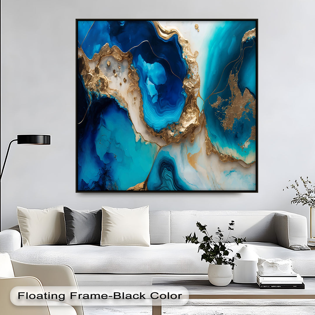 The tranquil and luxurious mood of this abstract Blue Gold Agate premium canvas decor exudes organic depths of blue and gold.