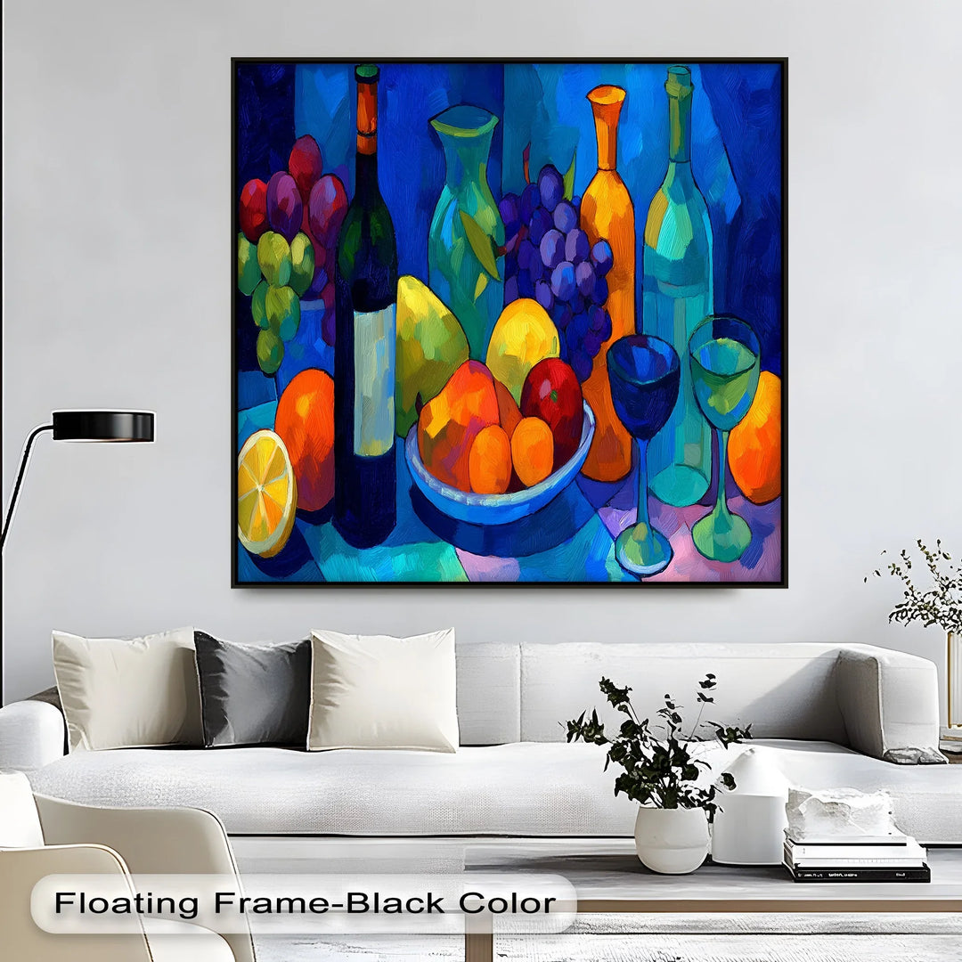Blue-toned abstract still life canvas art with citrus and grapes

