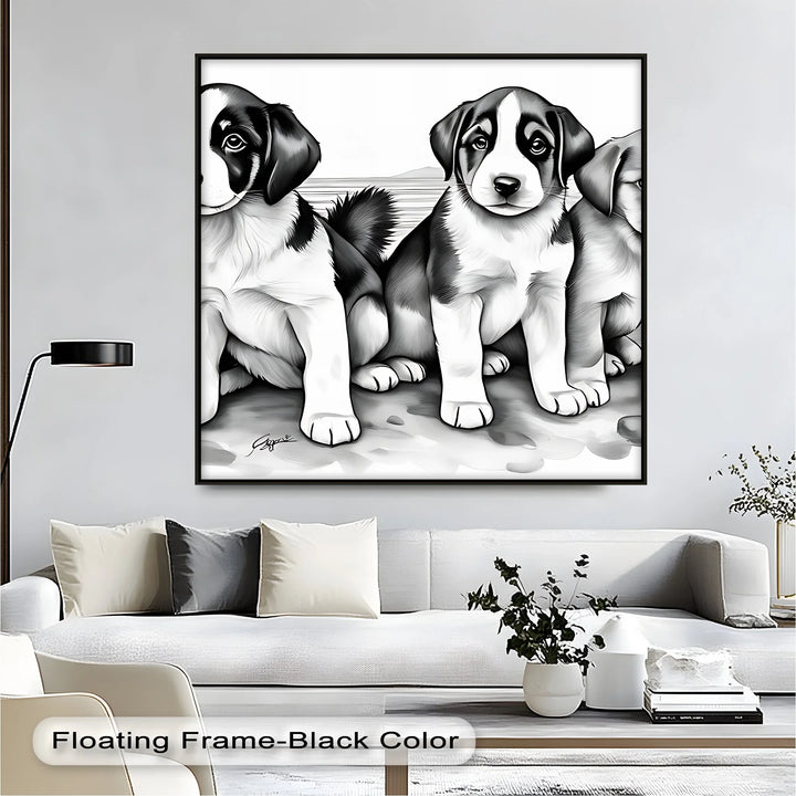 Seaside Trio – Monochrome Puppy Portrait at the Shore Canvas Print - MyPhotoStation