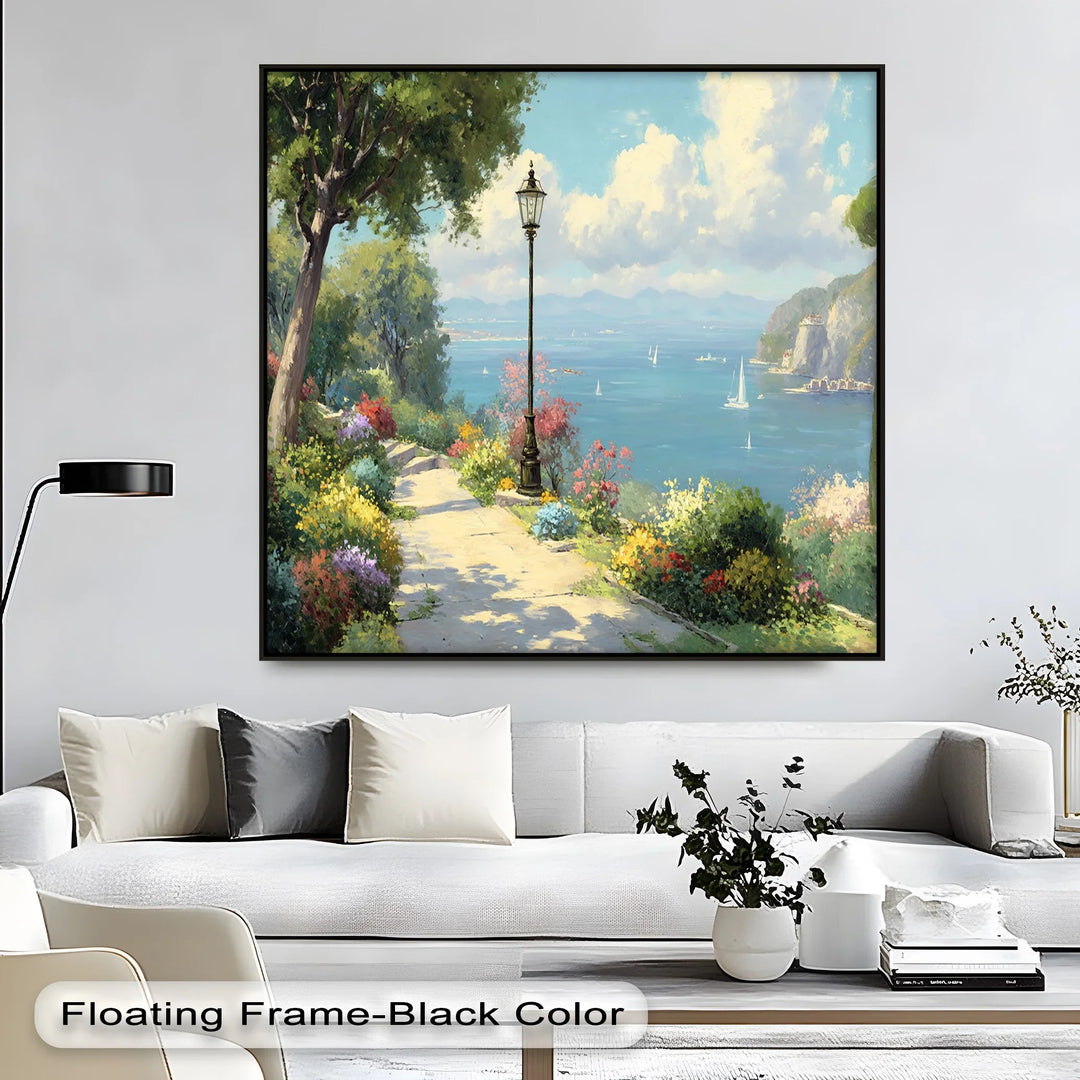 Colorful coastal wall art with vibrant garden and panoramic sea horizon

