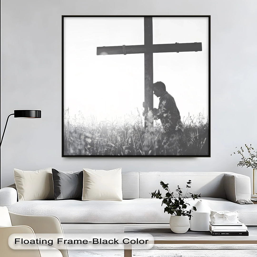 In Surrender – Black and White Prayer with Cross Canvas Print