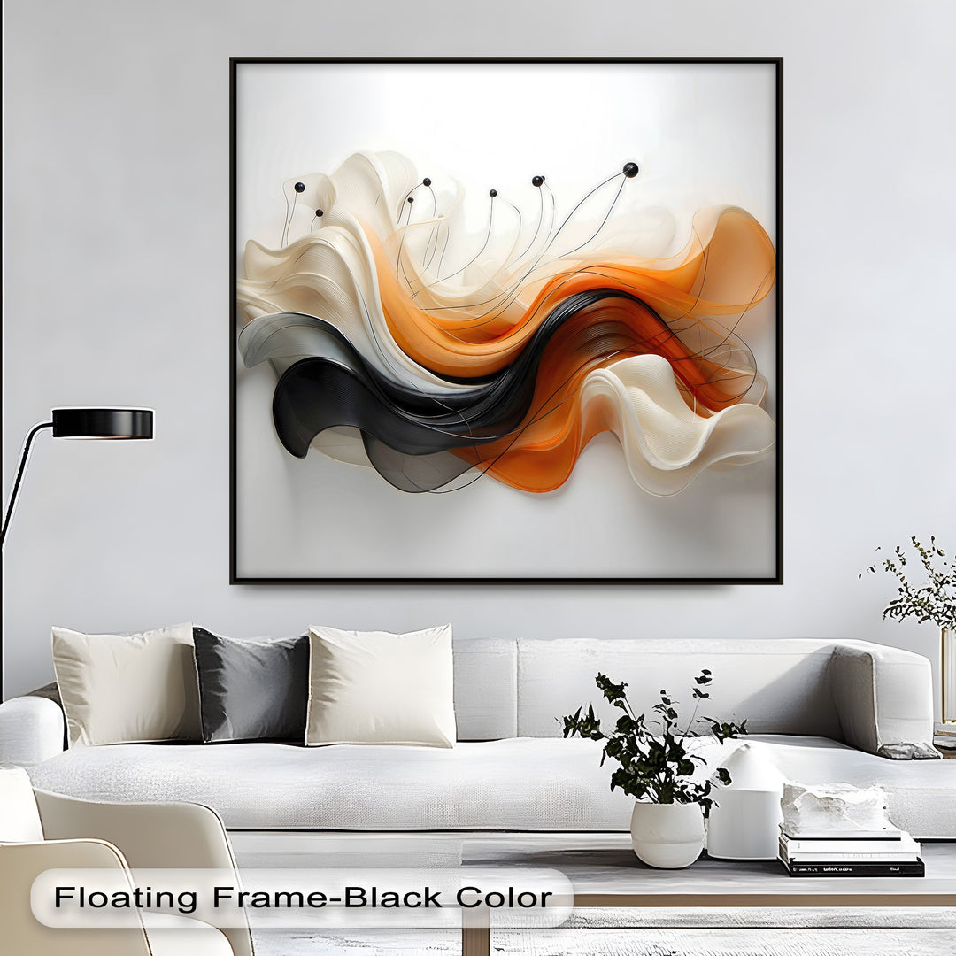 The realistic detail in this modern abstract canvas wall art showcases undulating orange, black, and cream layered ribbons with small spheres.
