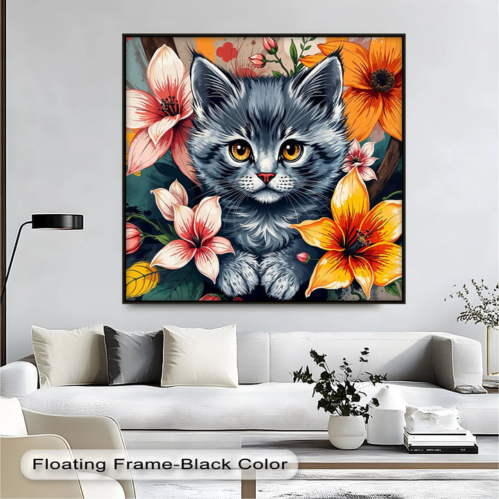 Bloom Burst – Gray Kitten with Vibrant Florals Cat Canvas Print - MyPhotoStation