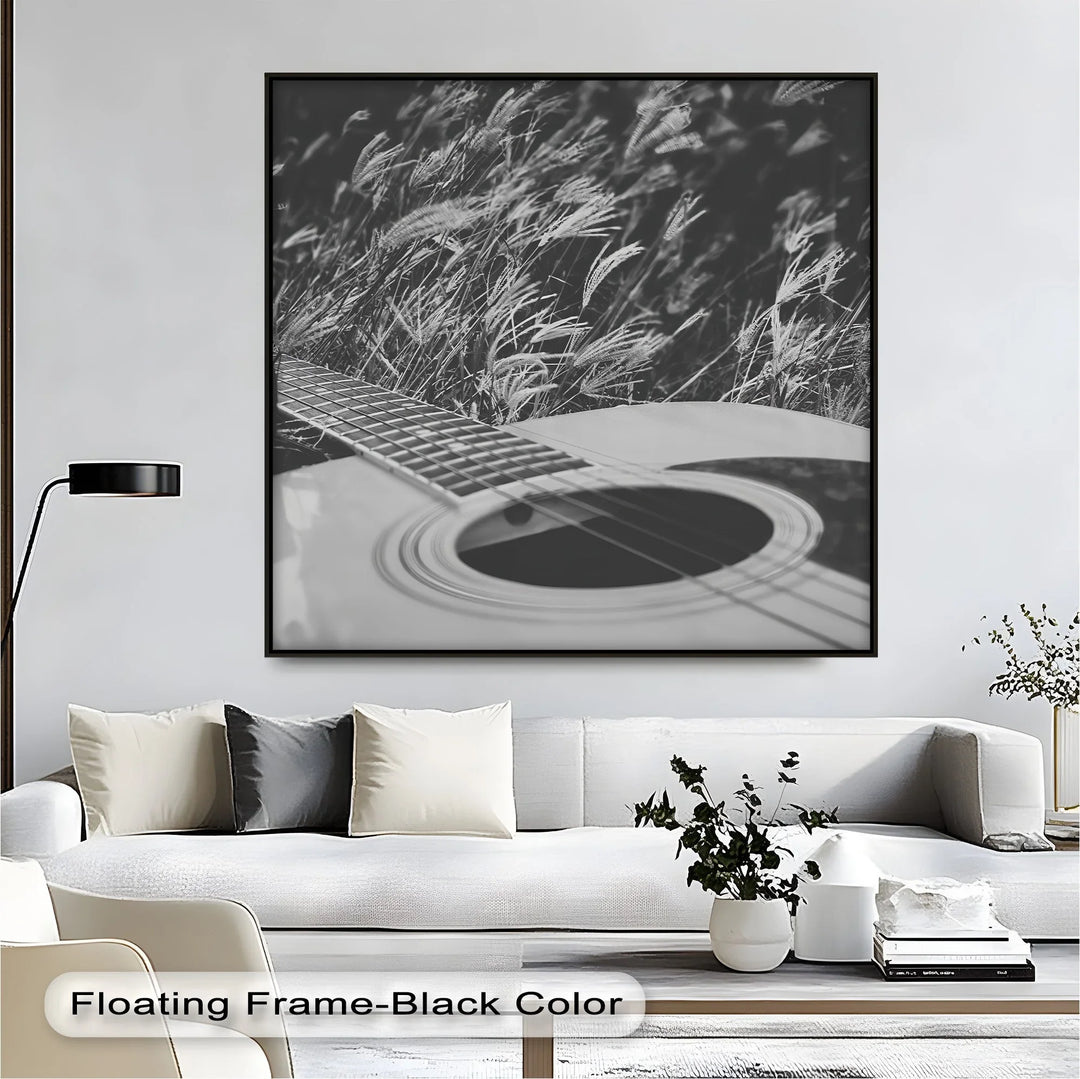 Acoustic Guitar in Field – Black and White Nature Music Canvas Prints - MyPhotoStation