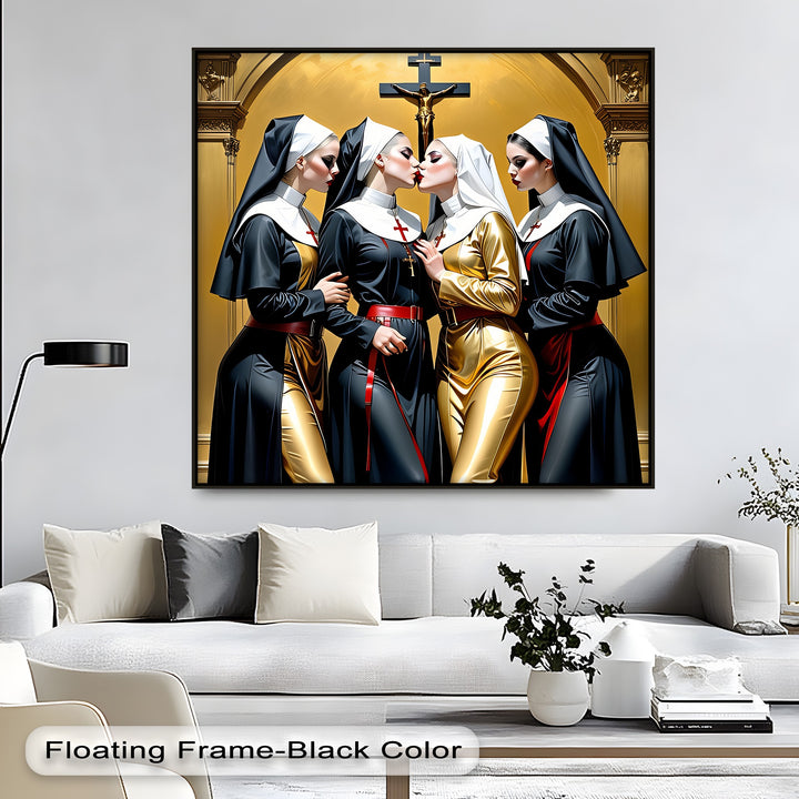 Divine Temptation – Erotic Kissing Nuns Canvas Wall Art | Nude Art