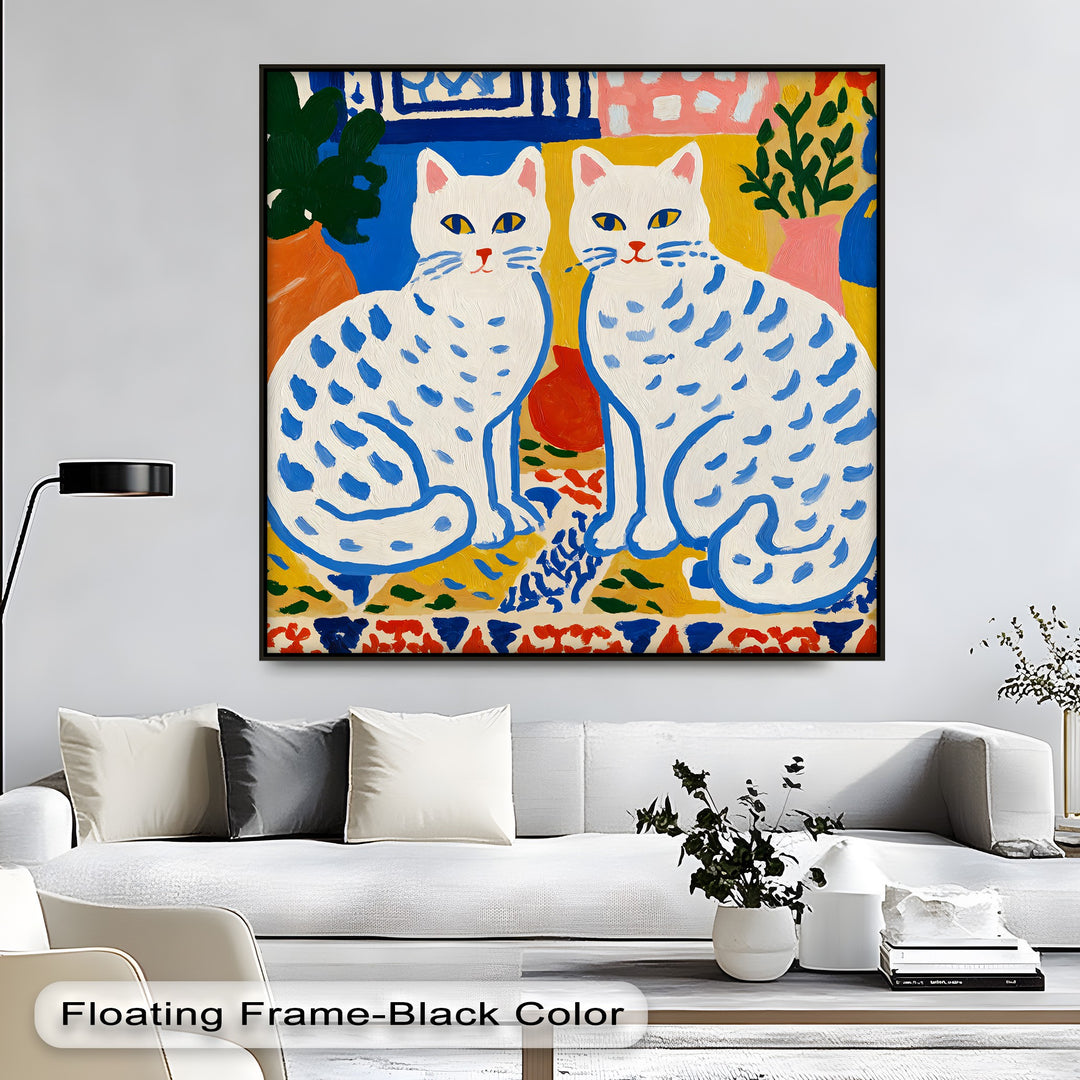 The predominantly white negative space surrounds two stylized folk art cats, enhancing the playful nature of this colorful canvas wall decor print.