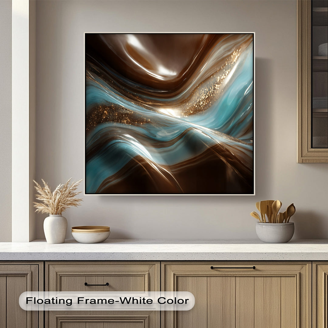 The rich, contrasting warm and cool color temperature of this luxury abstract marble canvas pictures artwork features shimmering gold accents.