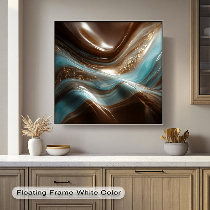 The rich, contrasting warm and cool color temperature of this luxury abstract marble canvas pictures artwork features shimmering gold accents.