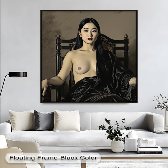 Warm color temperature highlights the sensual dark tones of this obsidian throne erotic queen canvas wall art print, with a posed nude figure.