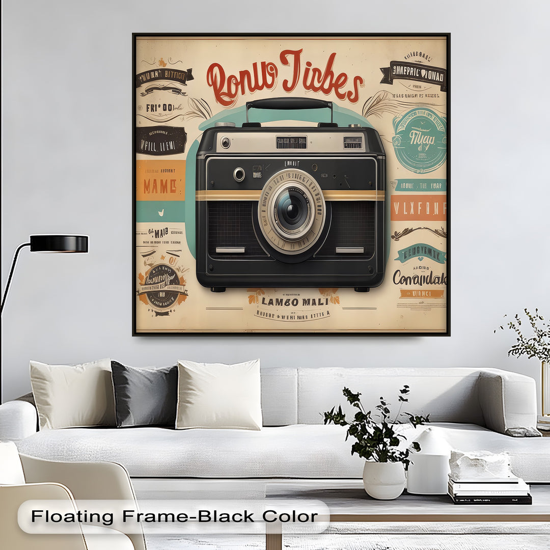 Retro Focus – Vintage Camera with Typography Collage Canvas Print