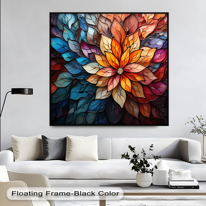 The brightest area reveals the brilliant orange and yellow layered petals of the central stained glass flower, a stunning feature for big canvas prints.