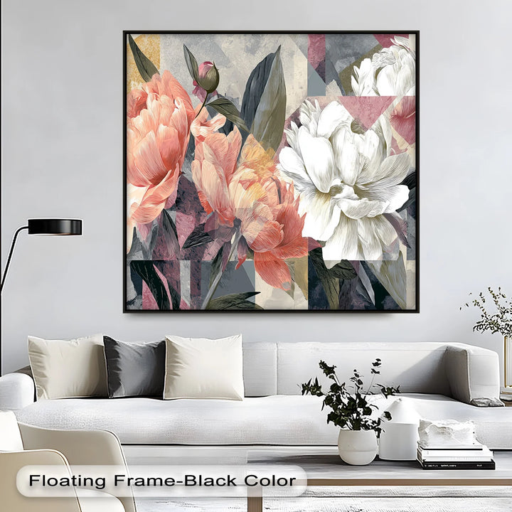 Contemporary floral canvas print with artistic texture and color block style

