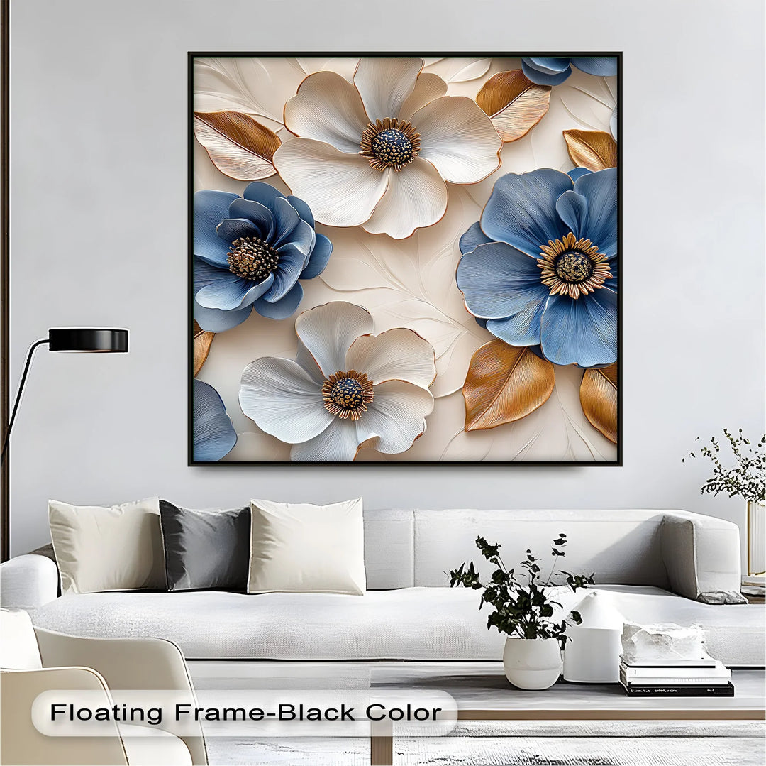 Blue and Gold Elegance – Sophisticated Floral Canvas Wall Art - MyPhotoStation