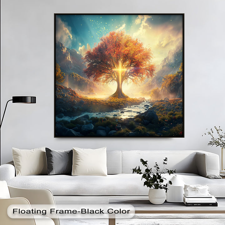 Vibrant orange and golden hues illuminate the radiant autumn tree, central to this fantasy mountain landscape canvas artwork with a serene river.