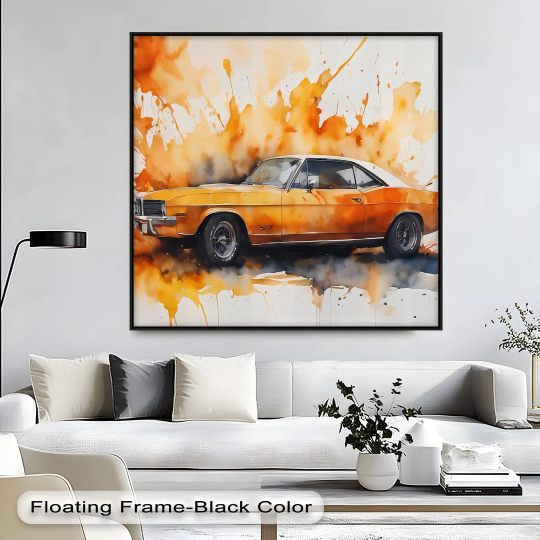 Orange Muscle Car with Paint Splash- Car Canvas Print