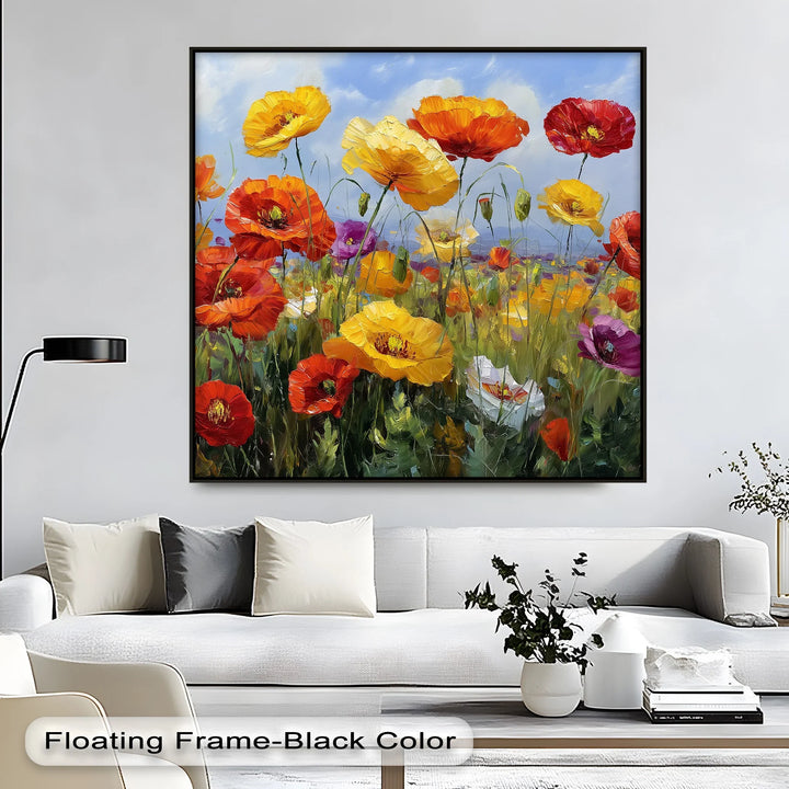 Joyful floral landscape with blooming poppies in vivid tones

