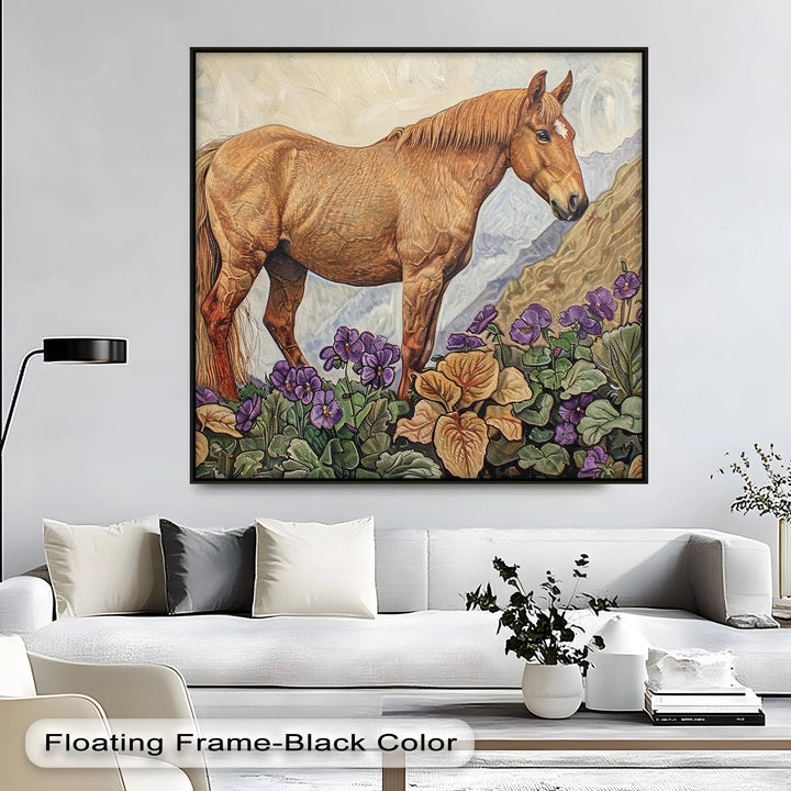 Golden Serenity – Horse Among Violet Blossoms Animal Canvas Print - MyPhotoStation