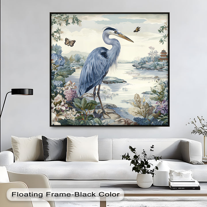 Cool color temperatures define this unique canvas print, showcasing an elegant heron surrounded by floral nature art in a serene garden.