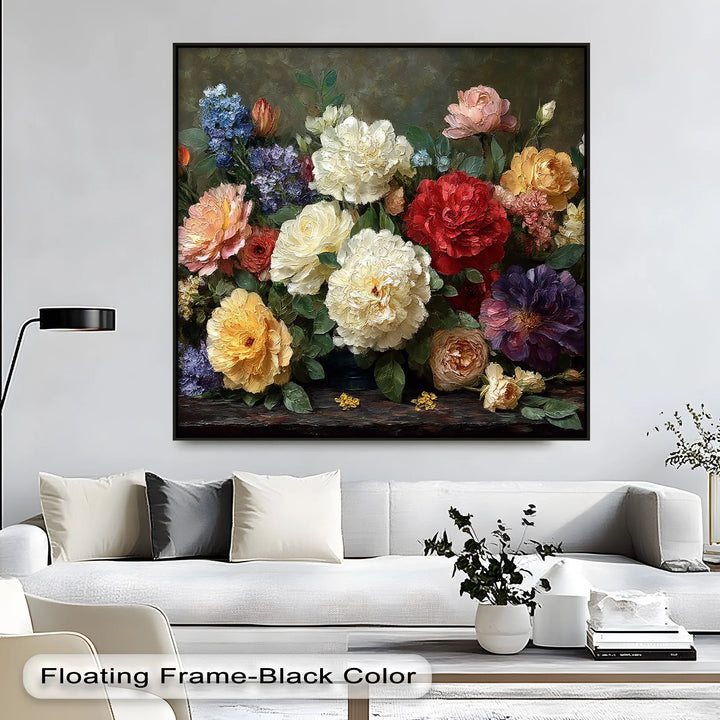 Elegant botanical canvas print with richly layered garden flowers in full bloom

