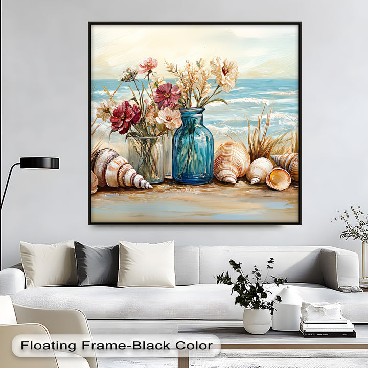 Seaside Serenity – Floral and Seashell Still Life Canvas Print