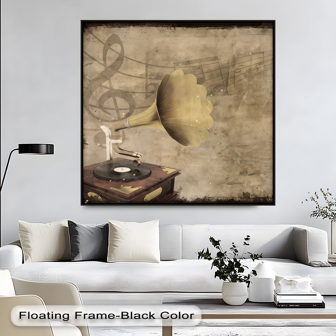 Vintage Gramophone with Musical Notes - Retro Canvas Print