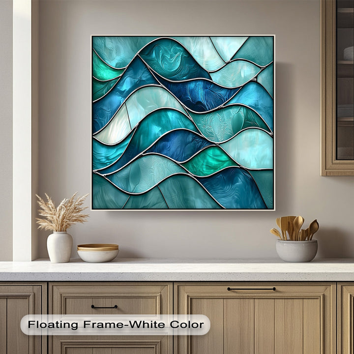 Cool color temperature is evident in this stunning turquoise wave canvas art prints, depicting stained glass ocean wall art in serene blue and green shades.