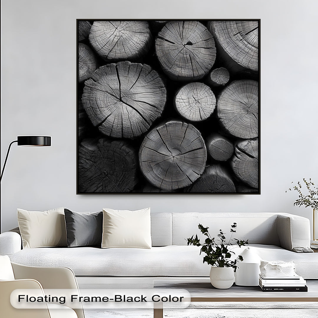 Softened by light, this rustic nature wall art presents a black and white wood log texture as stunning canvas art prints with detailed rings.