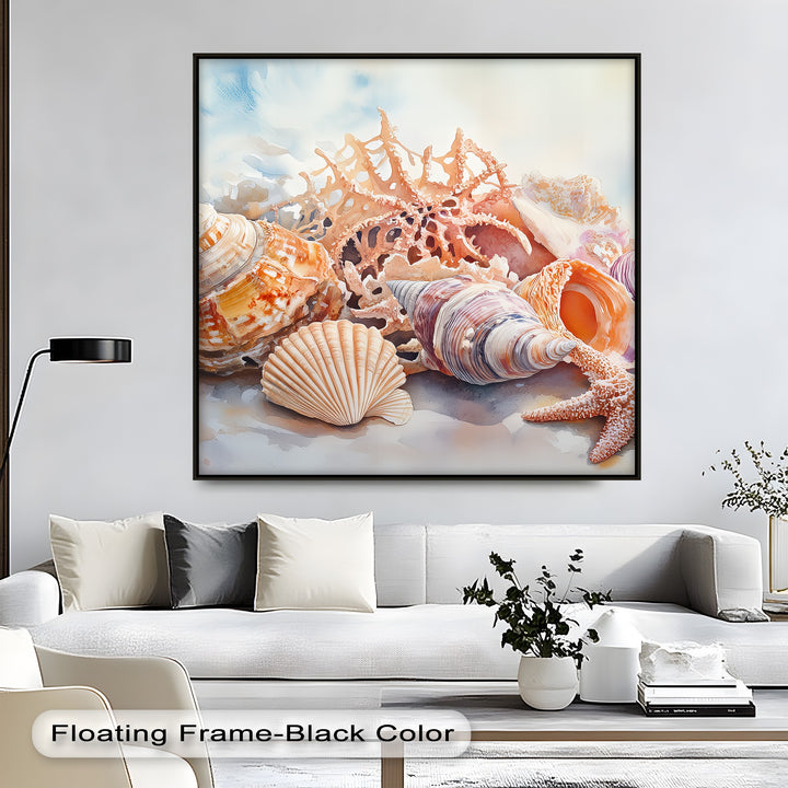 Perfect for nautical bathroom decor or a relaxing bedroom vibe, this tropical shell artwork evokes serenity and seashore nostalgia.


