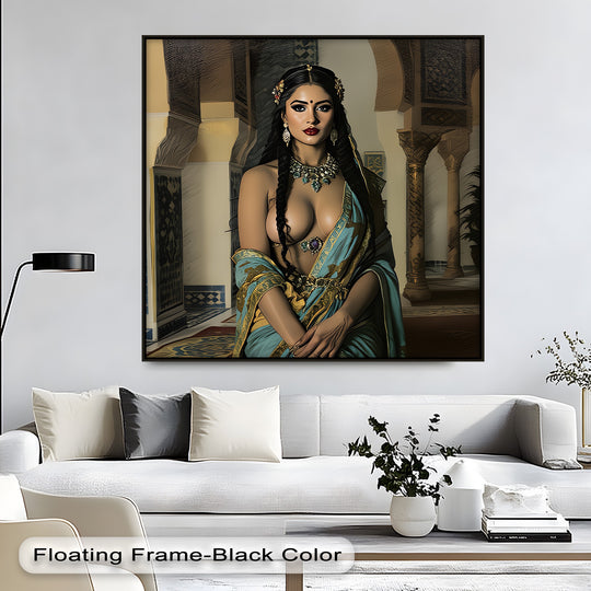 Evocative of opulent palace interiors, the background of this exotic erotic canvas wall art complements the figure, suitable for hanging canvas displays.