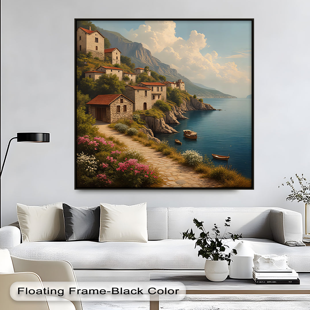 Cliffside Village Serenity – Mediterranean Coastal Canvas Wall Art | Framed Art