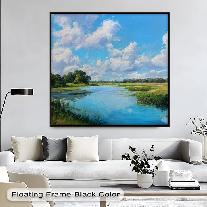 Bold color contrast defines this serene nature canvas wall art, showcasing a tranquil river landscape with vibrant blues reflecting against the greens, making it one of the best canvas prints.