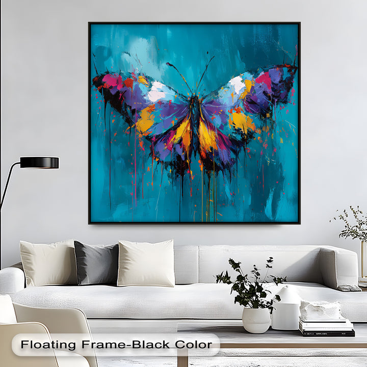 Vibrant Wings – Colorful Butterfly on Teal Abstract Canvas Print