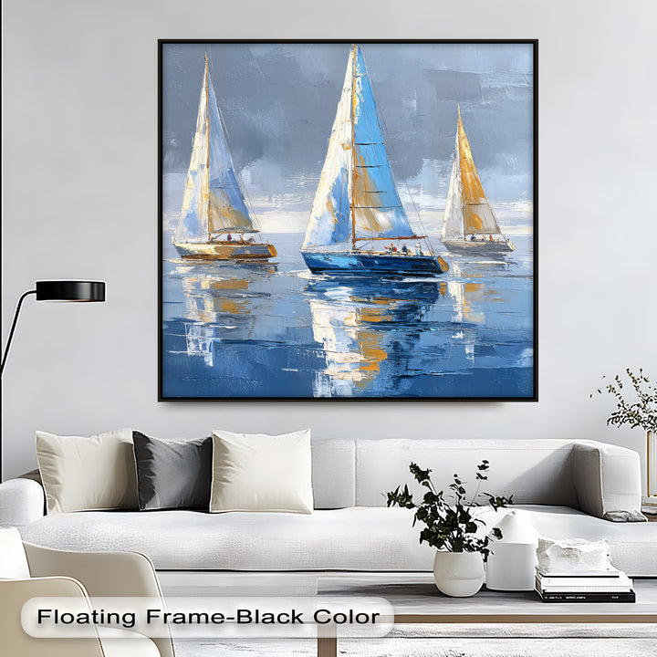 Vast negative space surrounds this elegant sailing boats framed canvas print, highlighting the detailed reflections and crisp lines of the sailboat wall art.