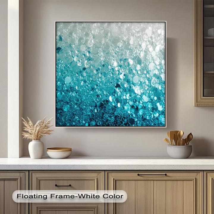 An energetic swirl of glowing turquoise bubbles dominates this unique canvas print, showcasing an abstract water texture with bright foam-like details.