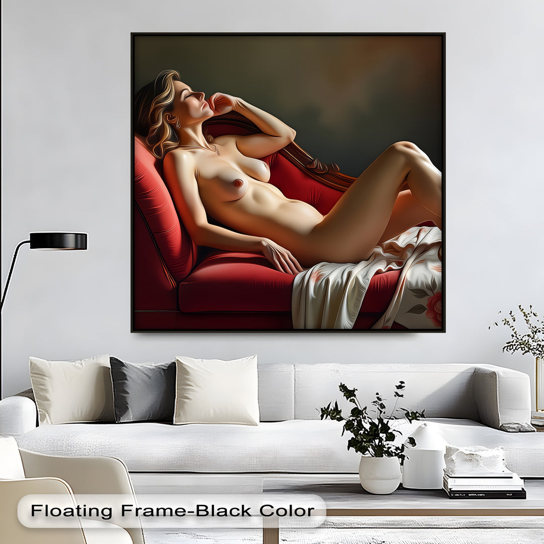 Reclining Nude on Red Chaise - Erotic Canvas Wall Art | Large Art
