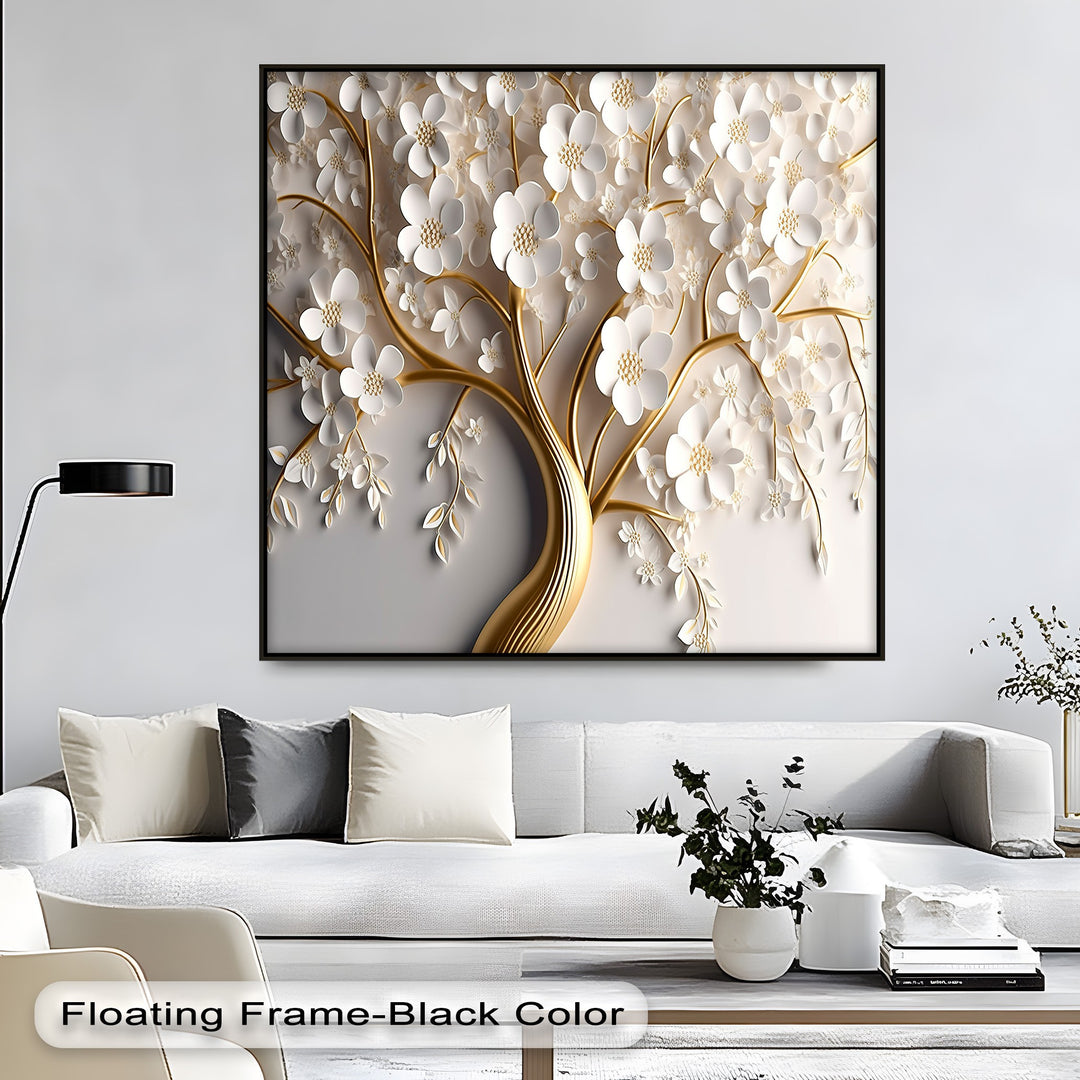 The finish of this elegant framed canvas reveals a captivating dimensional quality, highlighting the luxury gold floral art.