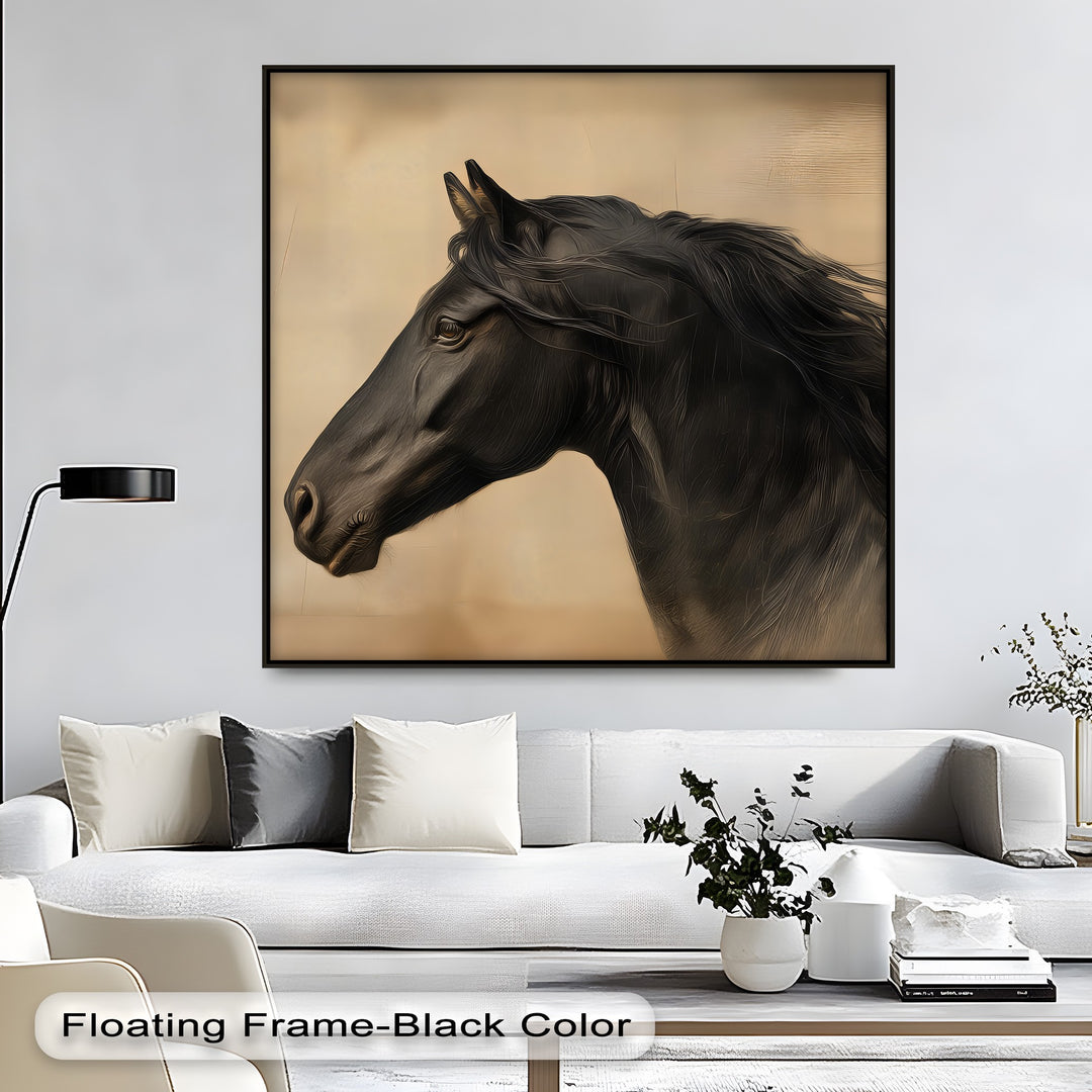 Silent Majesty – Black Horse Portrait on Warm Beige Canvas Print