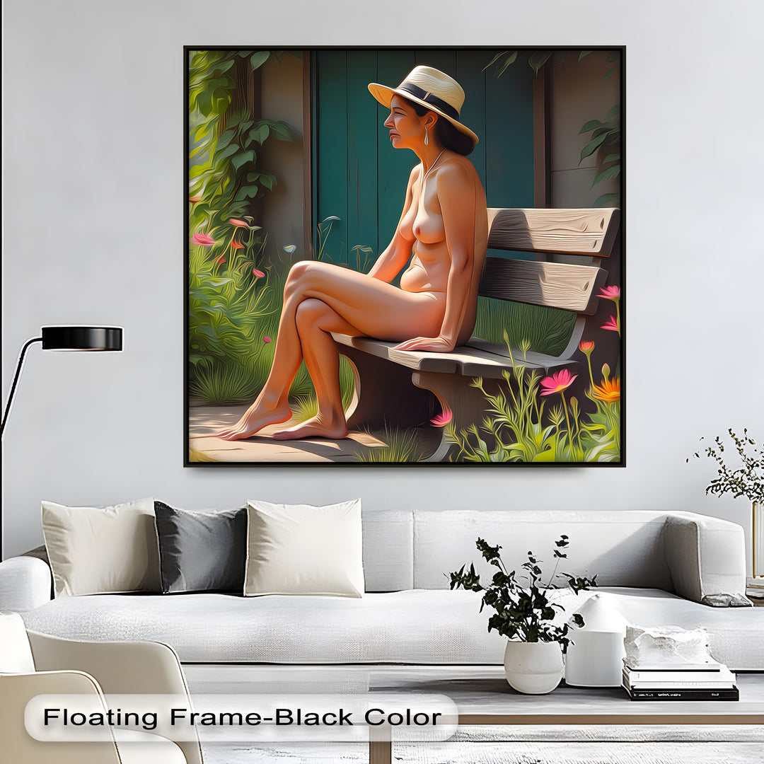 Garden Reverie – Nude Woman with Hat Canvas Wall Art | Large Art